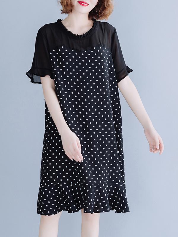 Chiffon Oversize Mermaid Polka-Dot Falbala Dress