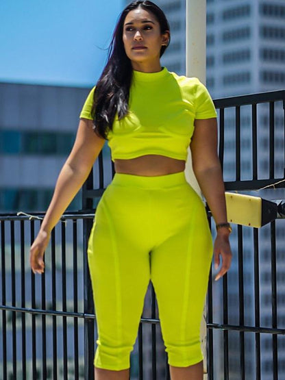 Solid High-neck Tops Wrap Shorts Sports Suits