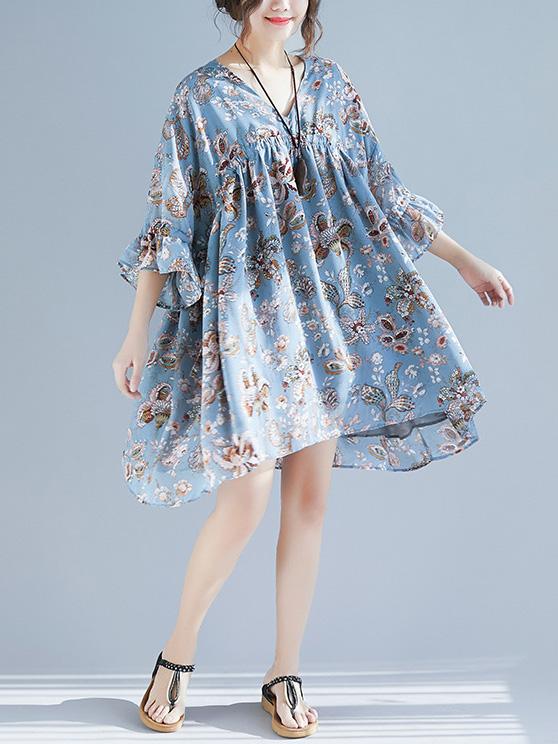 V-neck Fresh Loose Plus Size Floral Mini Dresses