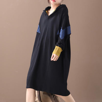 Buykud Color Matching Comfortable Loose Hooded Dress