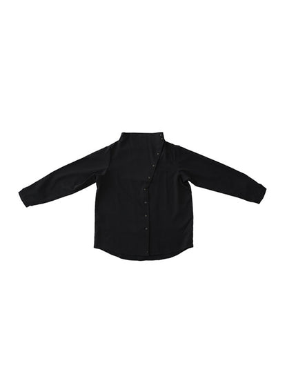 Loose Casual Solid Color Buttoned High-Neck Long Sleeves Blouse