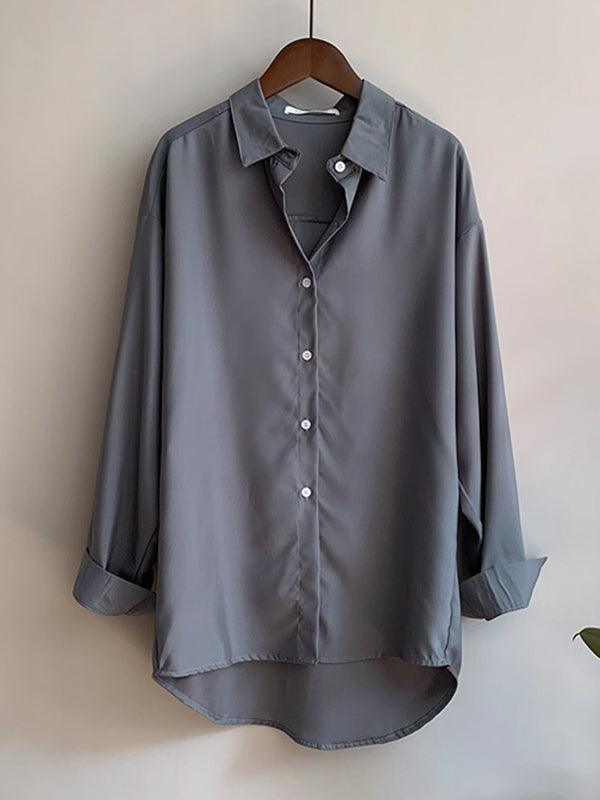 Simple Solid Color Buttoned Lapel Long Sleeves Blouse Tops