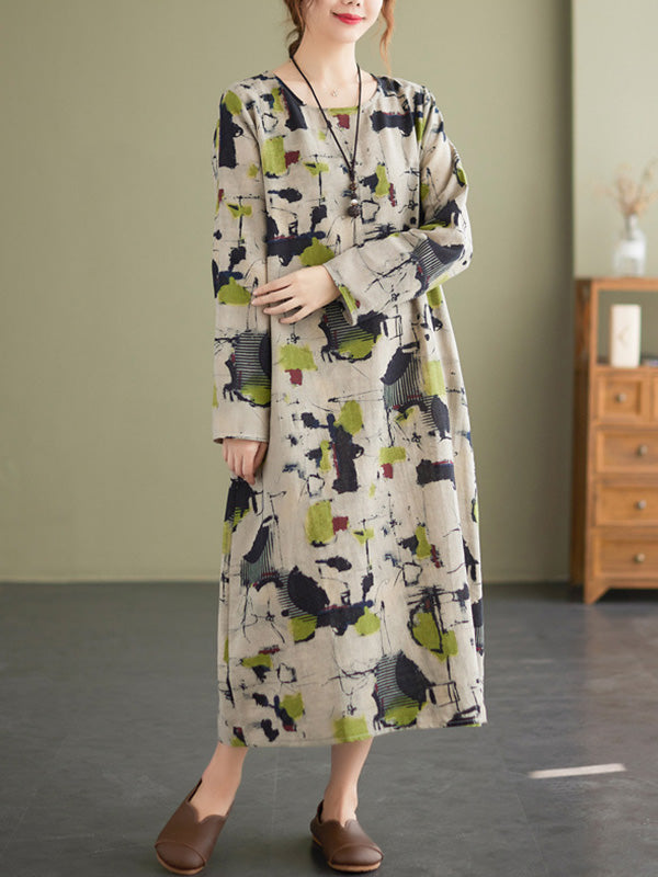 Artistic Retro Ramie Cotton Printed Round-Neck Long Sleeves Loose Midi Dress