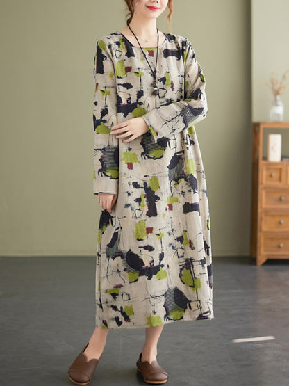 Artistic Retro Ramie Cotton Printed Round-Neck Long Sleeves Loose Midi Dress
