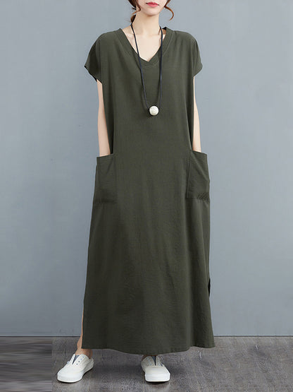 Simple Ramie Cotton Solid Color Split-Side With Pocket V-Neck Short Sleeves Maxi Dress