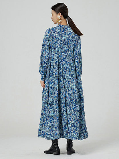 Original Buttoned Floral Printed Stand Collar Long Sleeves Loose Midi Dress