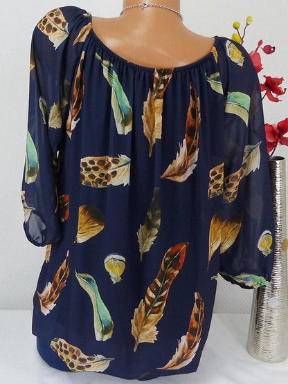 Large Feather Print T-shirt Off the Shoulder