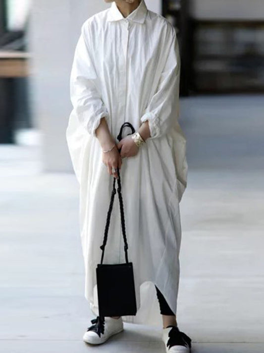 Casual Buttoned Solid Color Lapel Long Sleeves Loose Maxi Dress