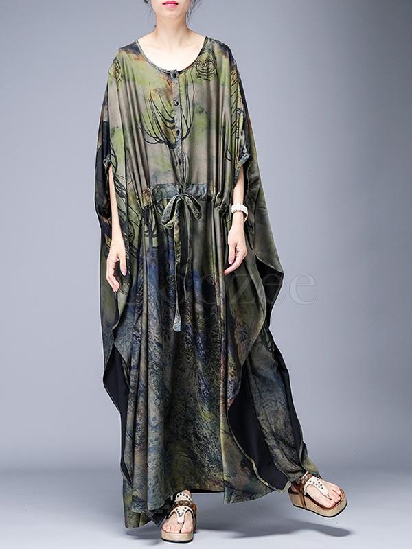 Loose Lace-up Printed Long Dress