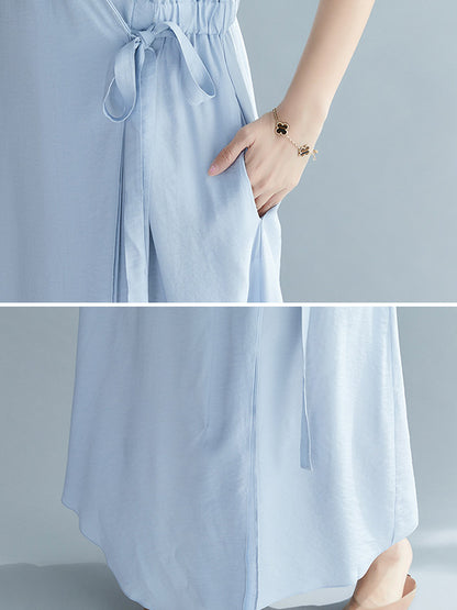 Casual Loose Solid Color Tied V-Neck Short Raglan Sleeves Maxi Dress