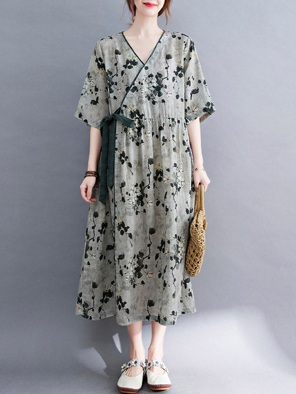 Artistic Retro Loose Tied Floral Printed Pleated V-Neck Short Sleeves Midi Dress