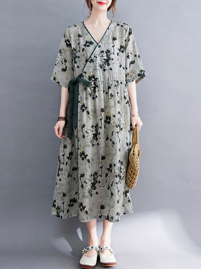 Artistic Retro Loose Tied Floral Printed Pleated V-Neck Short Sleeves Midi Dress