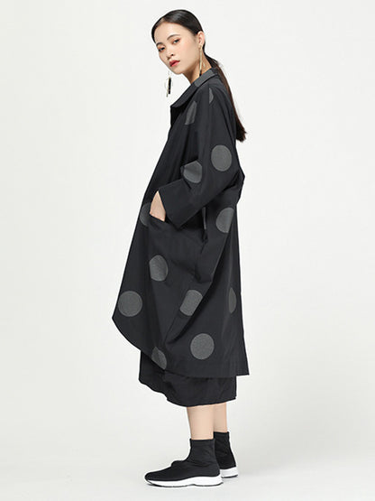 Vintage Polka-Dot Lapel Buttoned Loose Batwing Sleeve Outerwear