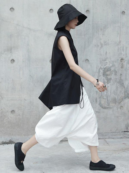 Black Cropped Stand Collar Sleeveless Blouse