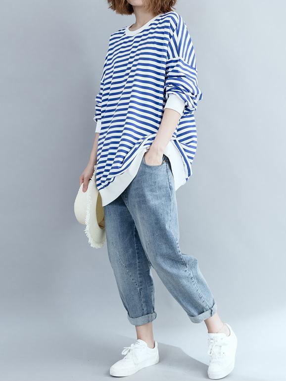 Loose Stripes Plus Size Printed Hoodies Top