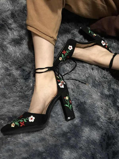 Embroidered Chunky Heels Shoes