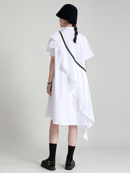 Stylish Irregular Split-Joint Falbala Buttoned Lapel Collar Short Sleeves Midi Dress