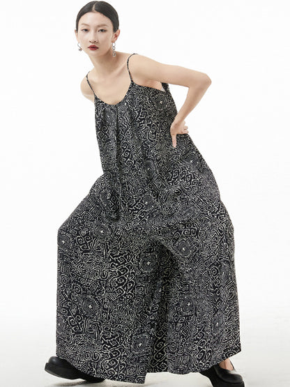 Original Loose Black Printed Spaghetti-Neck Wide Leg Jumpsuits