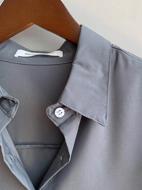 Simple Solid Color Buttoned Lapel Long Sleeves Blouse Tops