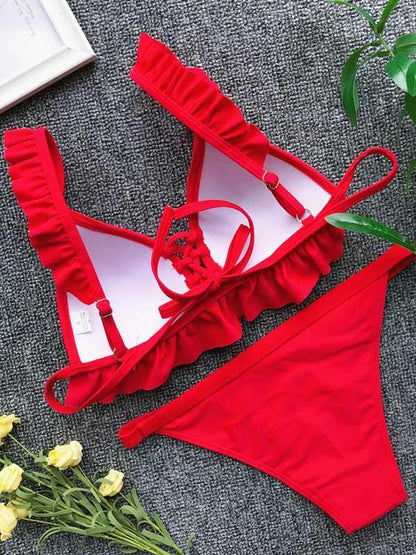 Lace Up Falbala Bikinis Swimwear