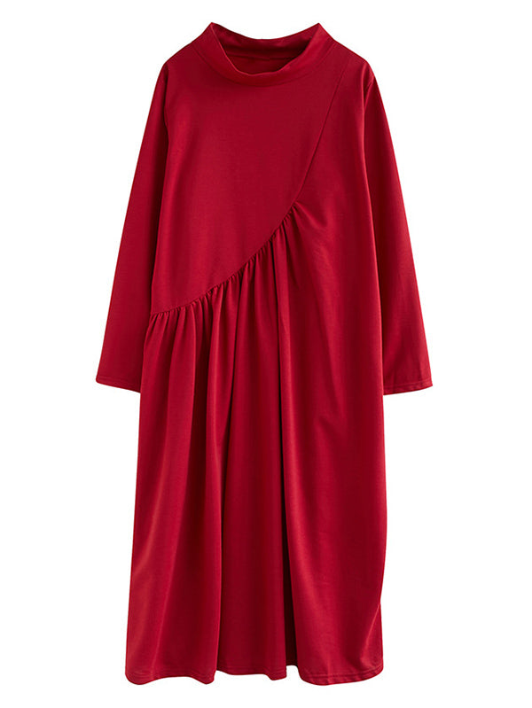 Simple Solid Color Asymmetric Split-Joint Long Sleeve Midi Dress