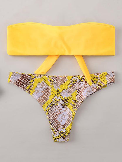 Strapless Knotted Snake Pattern Bikini Swimsuit