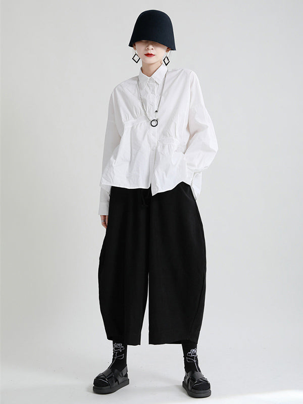 Original Irregular Solid Color Split-Joint Pleated Buttoned Lapel Collar Long Sleeves Blouse