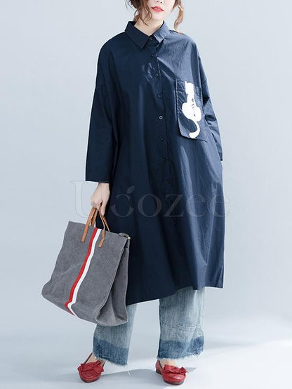 Navy-blue Loose Lapel Cat Print Blouse Dress