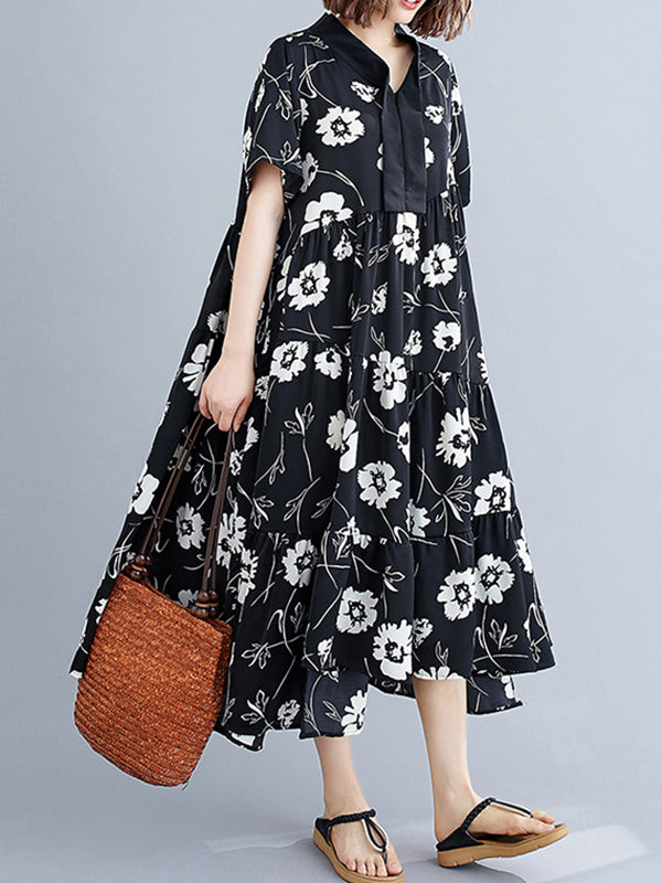 Artistic Retro Loose Floral Printed Pleated Midi Dress