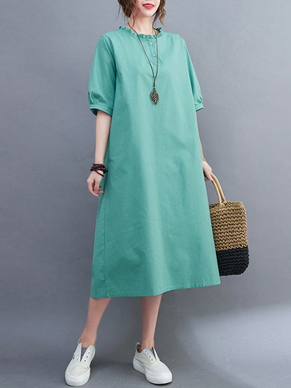 Simple Casual Artistic Retro Loose Solid Color Falbala Ramie Cotton Midi Dress