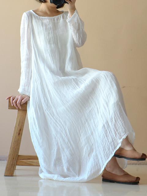Pure Color Ruffled Round-neck Long Dress