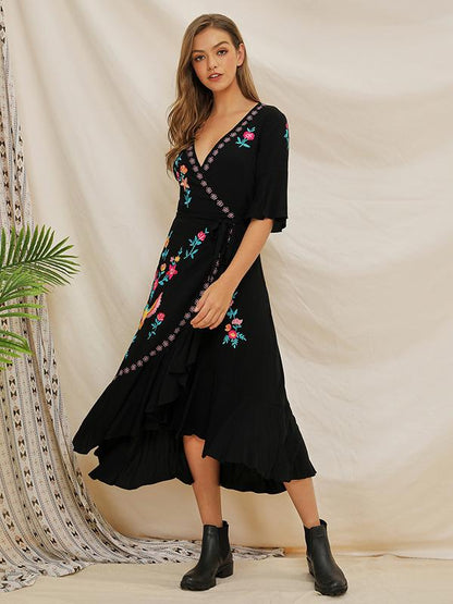 Embroidered V-neck Lace-up Dress