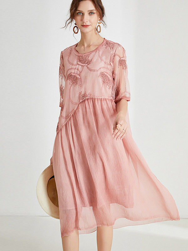 Original Artistic Retro Loose Embroidered Pleated Split-Joint Midi Dress