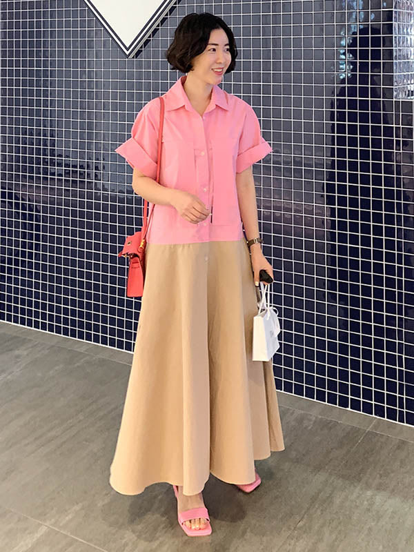 Fashion Split-Joint Lapel Buttoned Short Sleeves Midi Dress