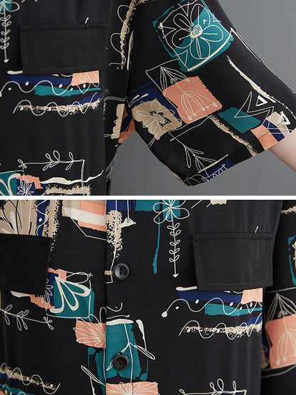 Stylish Printed Belted Split-Side Lapel Short Sleeves Loose Jumpsuits