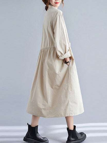 Casual Solid Color Pleated Buttoned Lapel Collar Long Sleeves Midi Shirt Dress