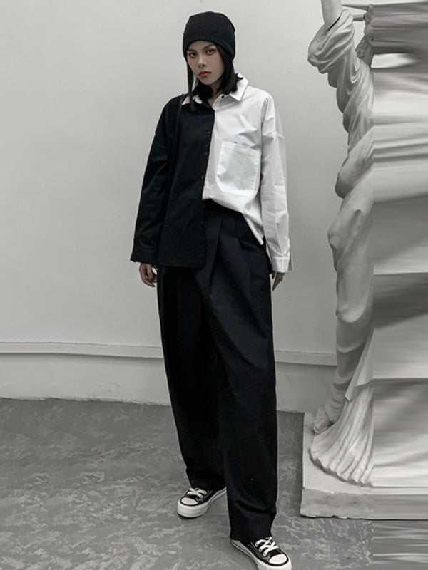 Stylish Contrast Color Split-Joint With Pocket Buttoned Lapel Color Long Sleeves Blouse