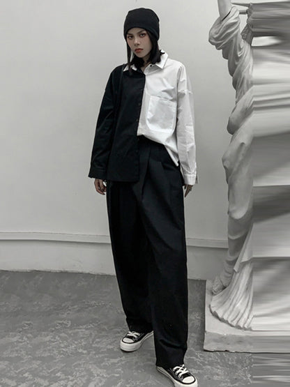 Stylish Contrast Color Split-Joint With Pocket Buttoned Lapel Color Long Sleeves Blouse