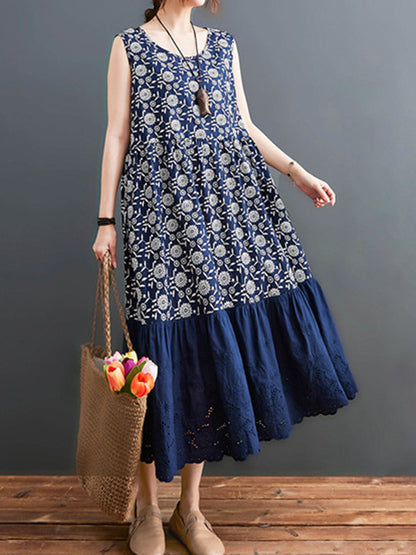 Loose Ramie Cotton National Printed Split-Joint Hollow Pleated Round-Neck Sleeveless Midi Dress