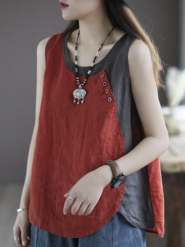Leisure Split-Joint Linen Contrast Color Round-Neck Vest