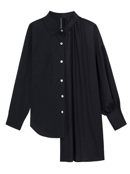 Irregular Casual Solid Color Pleated Buttoned Lapel Collar Long Sleeves Blouse