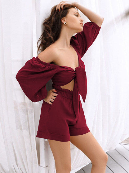 9 Colors Fashion Solid Color Blouse&Shorts Two Pieces Set