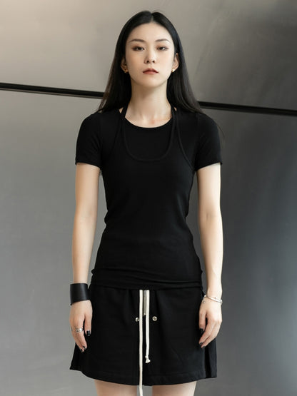 Stylish Halterneck Solid Color False Two Short Sleeves T-Shirt