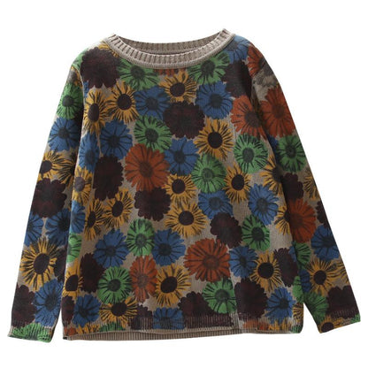 Buykud Casual Retro Floral Printed O-neck Knitted Shirt