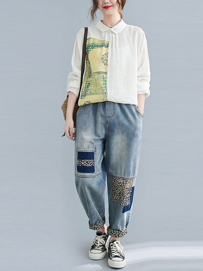 Artistic Retro National Printed Split-Joint Pleated Lapel Collar Long Sleeves Blouse
