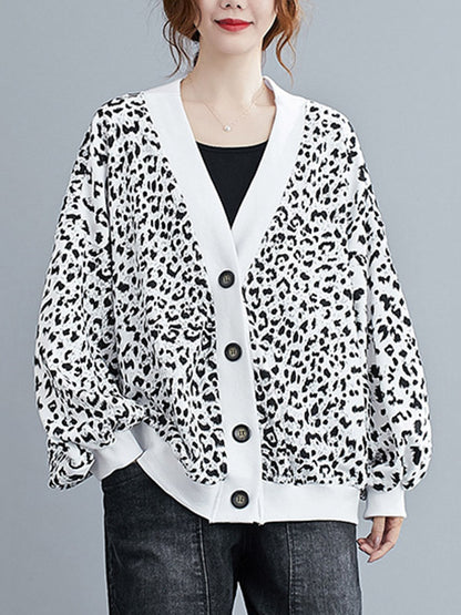 Original Leopard Buttoned V-Neck Long Sleeves Outwear