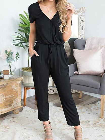 V-neck Bandage Solid Bohemia Jumpsuits