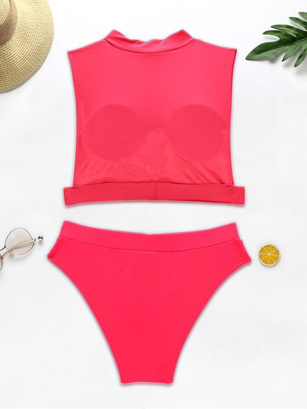 Turtlenecks Zippers Split Bikini Swimsuit