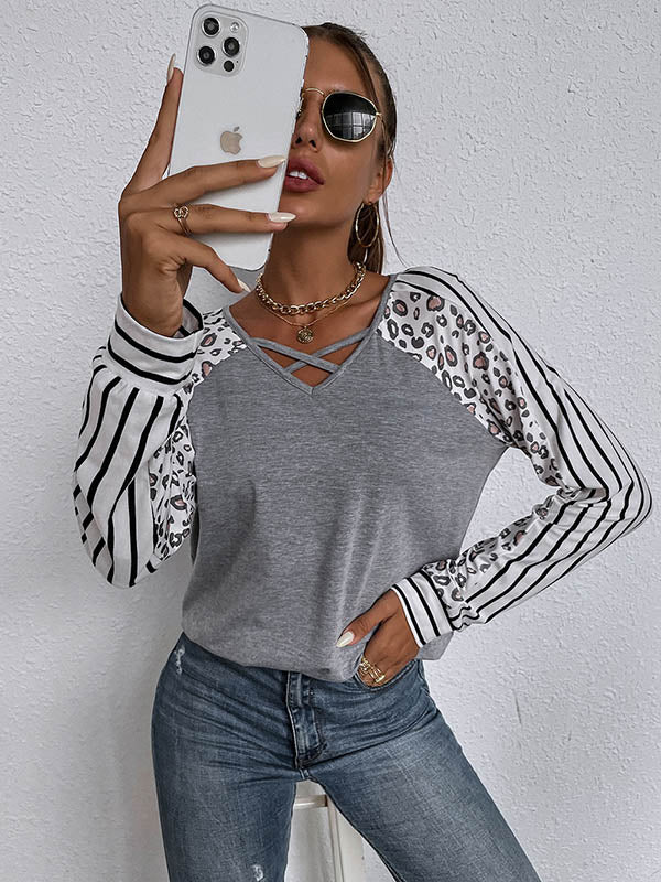 Stylish V-Neck Leopard Striped Split-Joint Raglan Sleeve T-Shirts