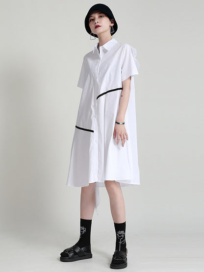 Stylish Irregular Split-Joint Falbala Buttoned Lapel Collar Short Sleeves Midi Dress